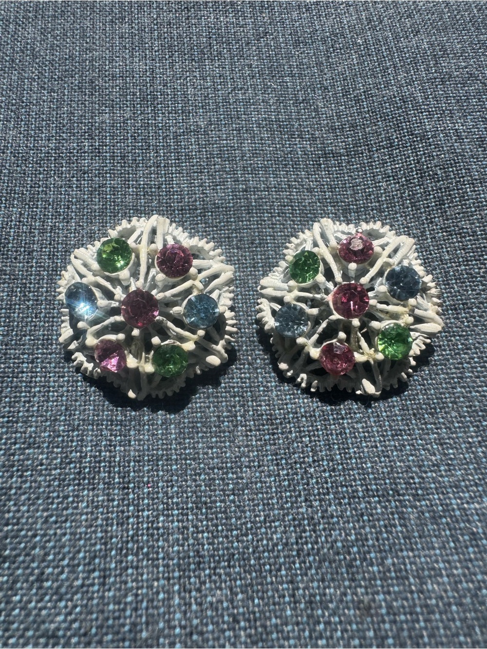 Vintage Multi-Color Crystal Floral Clip-On Earrings - White Base